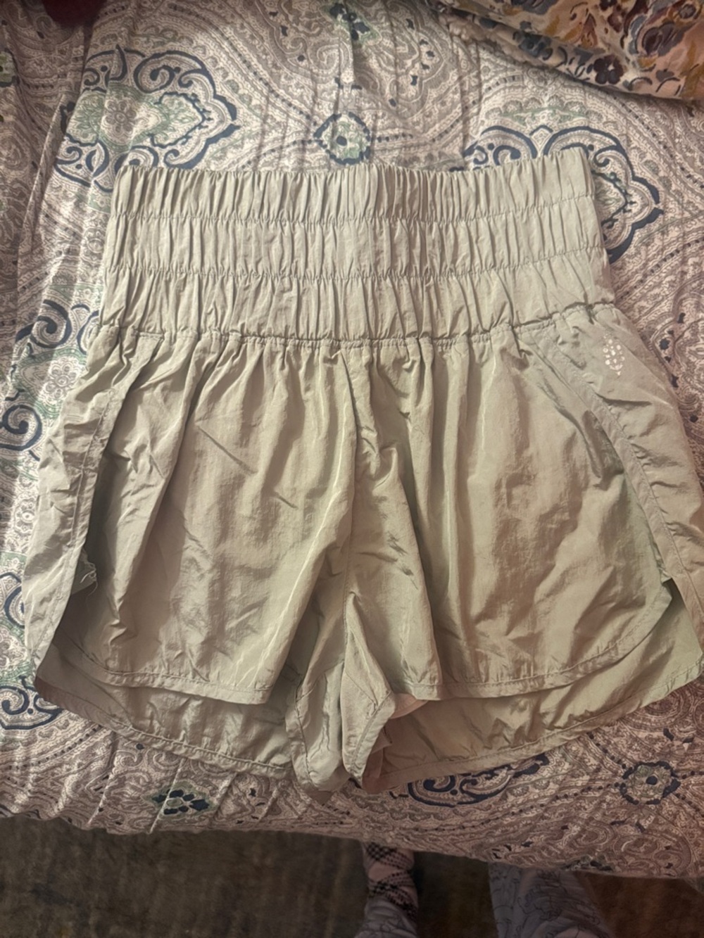 FP Movement by Free People Light Olive Smocked Waist Athletic Shorts